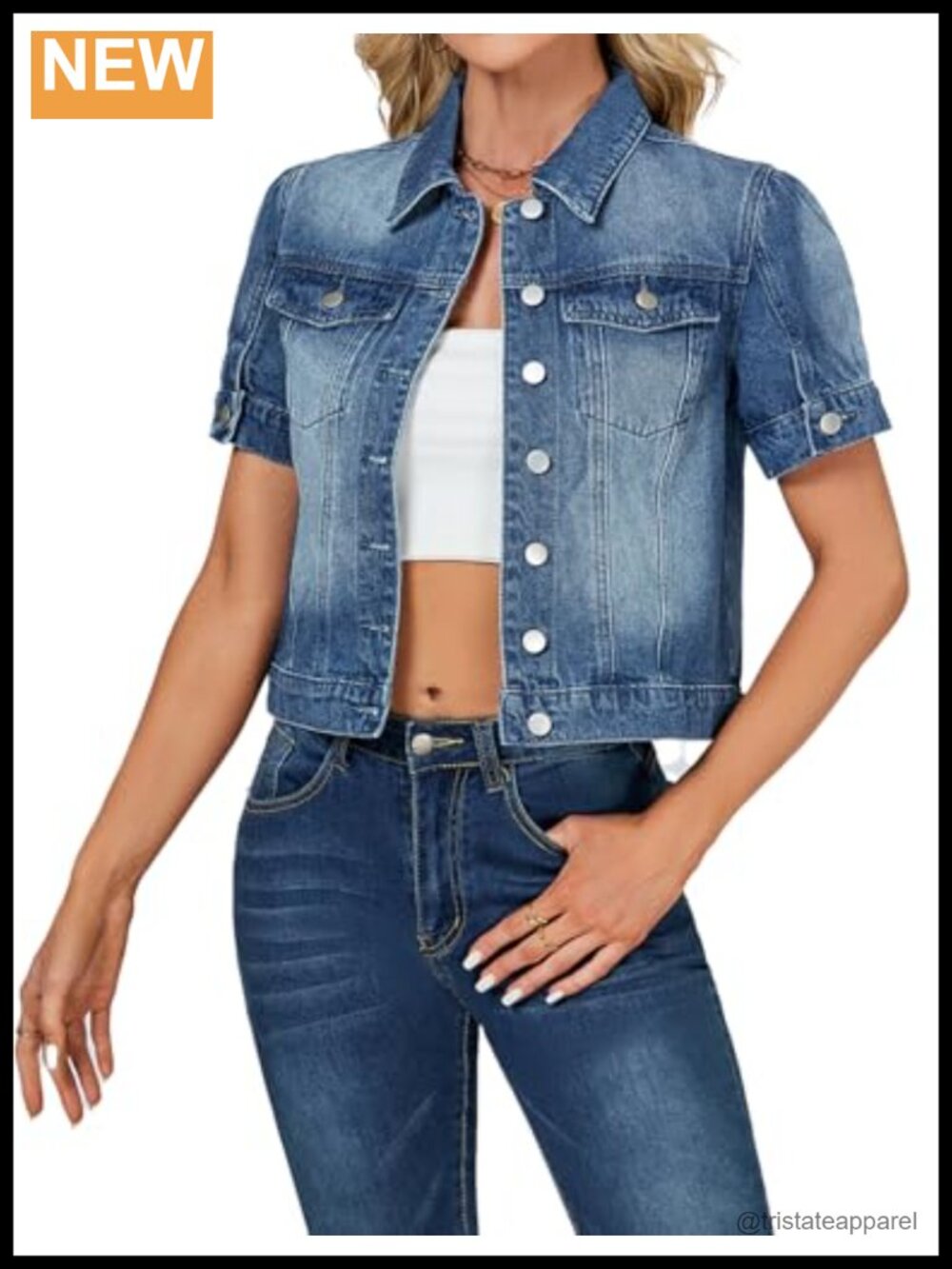 Women's Cropped Denim Jacket Short Sleeve Puff Summer